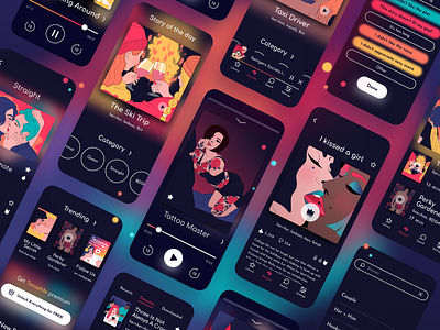 Ui for erotic stories app app blur cover dark design discover erotica illustration kiss mobile mobile app night theme player ui