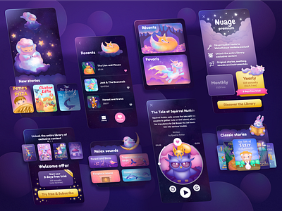 Bedtime story app design animais app baby bedtime stories covers dark illustration library mobile night offer paywall tale ui