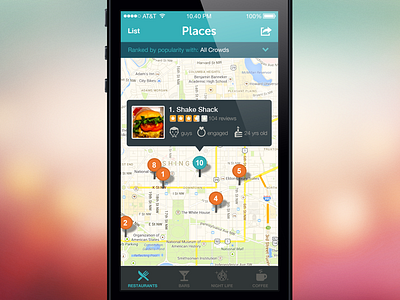 Places: Map app application crowds food iphone map places restaurants ux visual