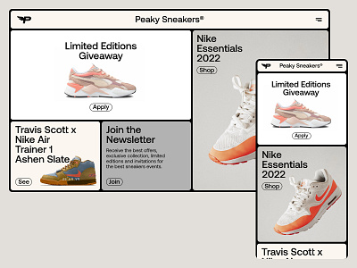 Peaky Sneakers — Layout cards clean design ecommerce graphic design grid homepage landing page layout misericorde modern nike shoes shop sneakers ui ux webdesign website