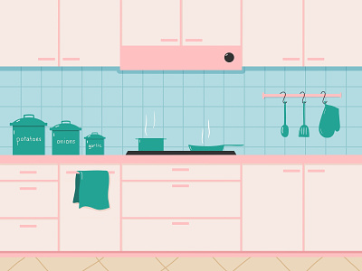 a dreamy pink kitchen digital illustration green home illustration interior design kitchen kitchen design pink procreate room decor