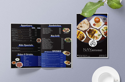 Bi-Fold Food Menu black blue brochure design folded food menu leaflet design menu design photoshop restaraunt