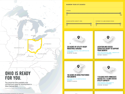 Ohio Certified Sites animations css grid map mapbox react transitions website yellow