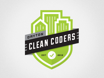 Dayton Clean Coders badge black buildings checkmark green meetup