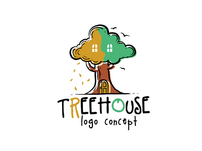 treehouse logo concept awesome cartoon childish childrens illustration cool cute ecology happy illustration logo logo design nature playful positive sweet tree