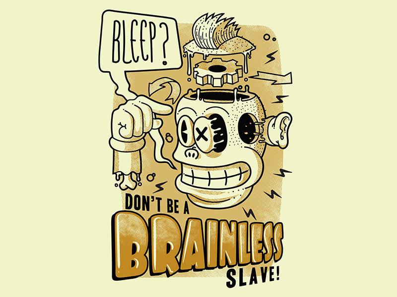 Brainless smile smart punk lowbrow joke intelligent humoristic head grin funny freaky face crazy comic cogwheel clever cartoon brainwash brain alternative