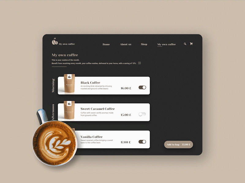 My own coffee animation branding coffee coffee bean design graphic design illustration minimal routines tailor made ui ux web website