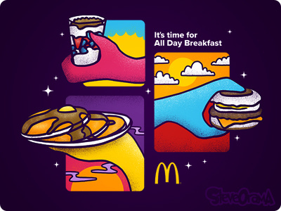 Pass The Breakfast alldaybreakfast breakfast colorful day food handdrawn hands mcdonalds morning night noon time