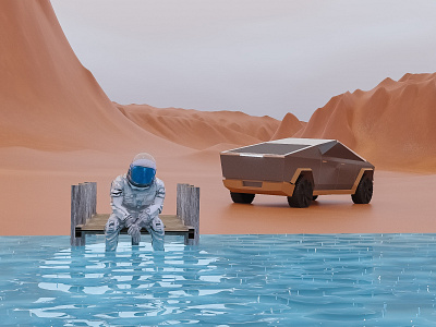 Lonely martian 3d art astronaut blender clean illustration lonely mars minimal planet red sketch tesla truck