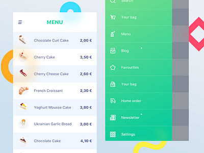 Restaurant menu (Shop UI) android cakes free freebie gradient green iphone menu mobile prices restaurant shapes