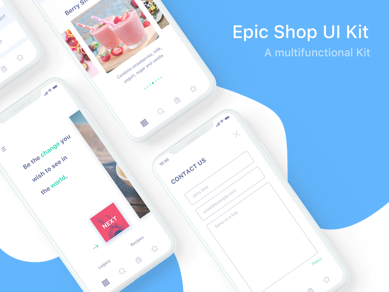 iPhone X Epic Shop UI contact white blue mockup apple iphonex download freebie free epicpxls ui kit shop