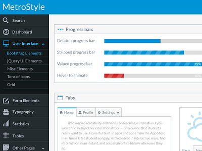 Metro Admin admin blue clean dashboard glyph metro progress red tabs theme ui