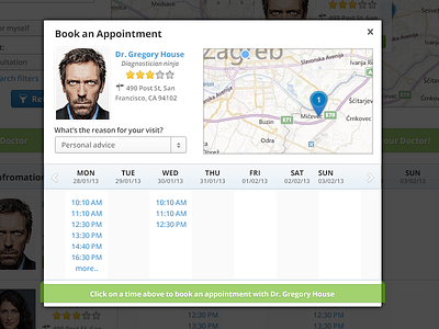 Book Appointment Modal address house map modal notification pin street table time ui ux