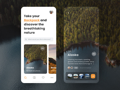 Backpacker - Travel App Concept adventure branding cards design app detail exploration iphone x nature orange photography rating social travel travel app travelling trip trip planner typography ui ux