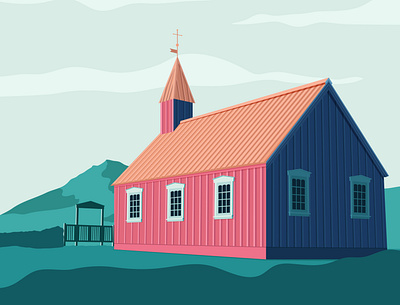 Icelandic church design flat illustration travel vector