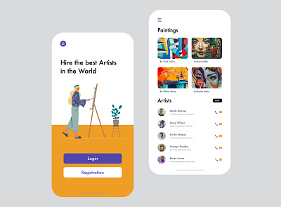 App to hire artists app art artist artwork design art girl graphicdesign login page login screen minimal minimalist painter paintings phone phone app ui uiux ux vector visual design