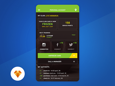 Personal Account - Day 98 My UI/UX Free SketchApp Challenge account activity app bonus card club day 100 fitness free green profile