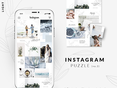 Instagram PUZZLE template - Light branding clean grid layout hand drawn hand drawn leaves insta grid instagram posts instagram puzzle light minimal pastel pastel blue social media posts tileable