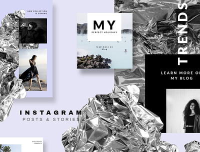 Instagram Post & Story templates - Silver Foil blue branding design branding designer fashion feminine festive foil instagram posts instagram story instagram templates lifestyle light minimal modern shiny social media design social media pack social media templates style stylish