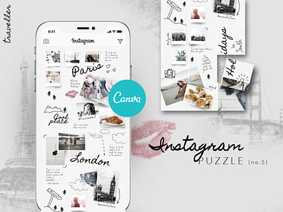 CANVA Instagram Puzzle Template - Traveller blogger kit canva canva design canva designer canva instagram canva template canva templates collage fashion grid layout insta posts instagram grid instagram posts instagram puzzle instagram template lifestyle social media templates style traveller travelling