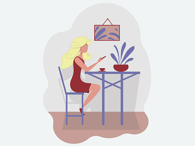 The girl drinks coffee in a cafe beautiful blonde cafe coffee design drinks flat girl http illustration red dress style vector