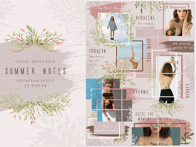 Summer Notes - Instagram Puzzle branches instagram instagram template leaves photoshop puzzle seamless social media template watercolor strokes