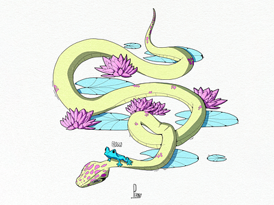 Snek & Froggo Pond Friends 2d frog frog illustration illustration lineart procreate snake snake illustration waterlily
