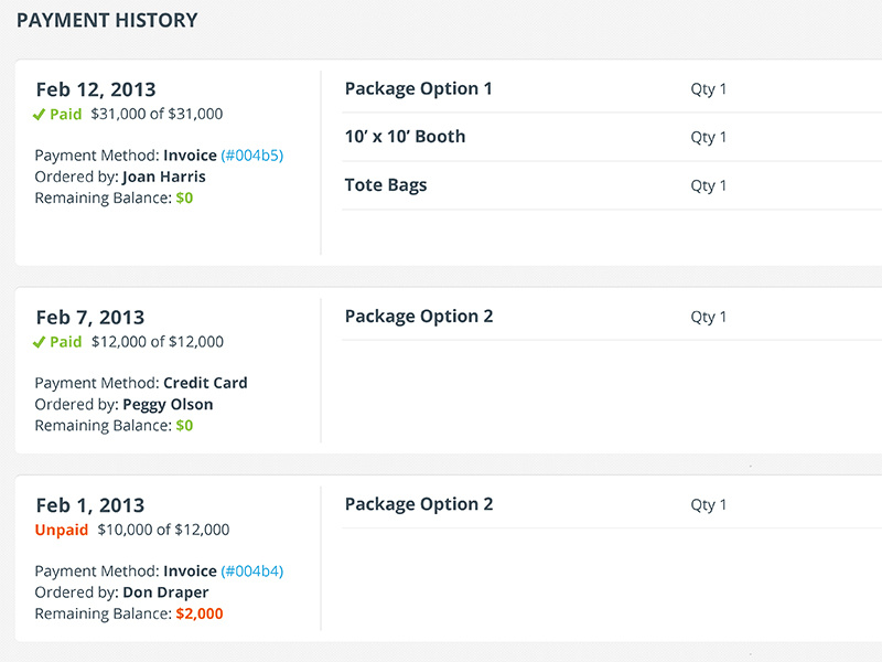 Payment History payment histroy paid unpaid quantity invoice balance credit card flat ui