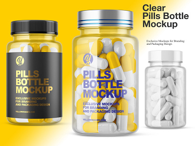 Clear Pills Bottle Mockup capsules capsules mockup design app mockup mockup download pills pills mockup smart object yellow images