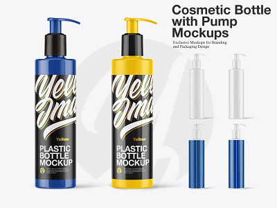 Cosmetic Bottle with Pump Mockups 3d bottle bottle with pump branding cosmetic design freelance mock up mockup psd pump smart object soap yellow images
