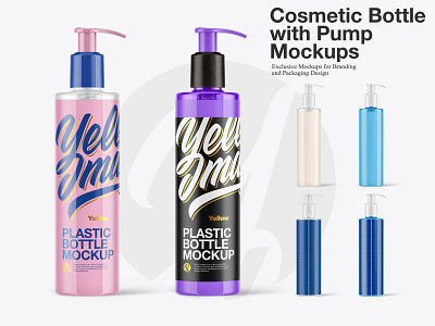 Cosmetic Bottle with Pump Mockups 3d branding cosmetic design logo lotion mock up mockup psd soap yellow images