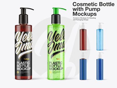 Cosmetic Bottle with Pump Mockups 3d cosmetic design download download mockup mock up mockup psd smart object yellow images