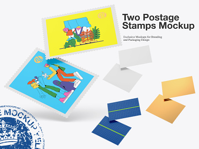 Two Postage Stamps Mockup 3d branding design download graphic design illustration logo mock up mockup mockup tools post postage postage stamp psd ship stamp yellow images