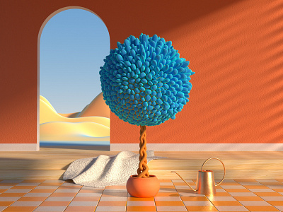 Blue tree with watering can 3d c4d cinema4d motion nature octane room tree voronoid