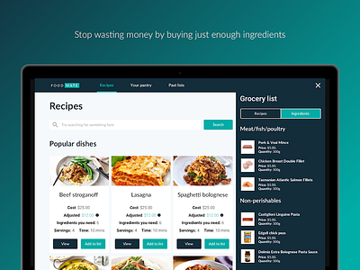 Grocery list & recipe product checkout clean dashboard ecommerce foodtech grocery shopping ui ux