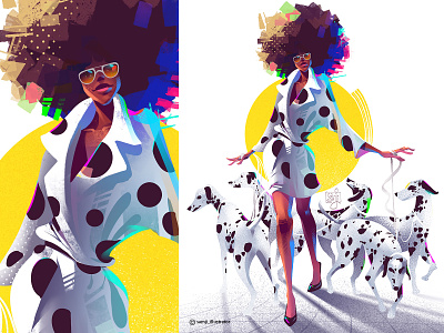 Vibrant black and white afro character design dalmatians dog editorial illustration freelance illustrator girl illustration illustrator procreate samji illustrator