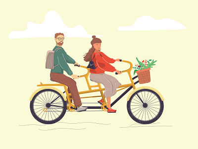 Double bicycle and sweet couple:) adventure bicycle bike couple double drawing flat illustration illustrator man oudoors riding road vacation vector weekend woman