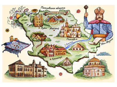 Map of Poltava district district drawing hand drawn illustration map mazepa poltava ukraine watercolor watercolour