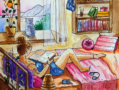 Cozy evening cozy evening girl illustration read room watercolor