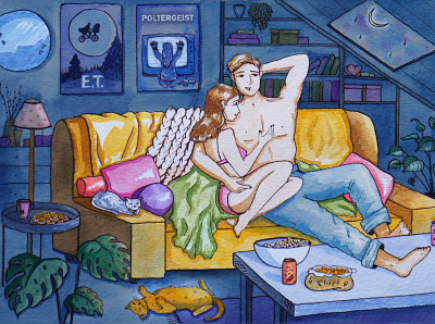 Cozy evenıng couple evening hand drawn home illustration ink love movie painting watercolor