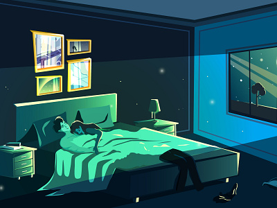 Couple in love sleeping in bed in the night. bedroom drawing flat illustration love moon night vector