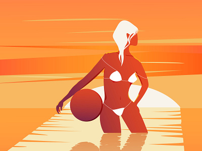 Woman in the sea. Sunset time. drawing flat gradient illustration sunset swim vector woman