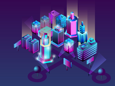 Isometric 3d city in neon ultraviolet colors.