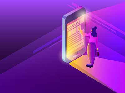 Woman with smartphone in isometric style.