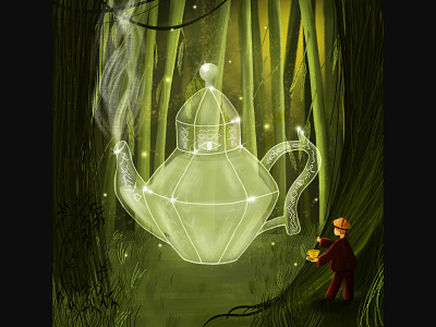 ...glass teapot in magic forest... drawing forest illustration isometric magic tea wonderland