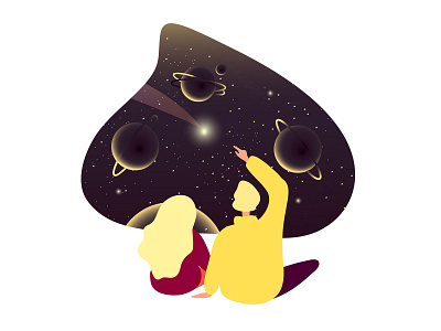 ...space... couple drawing flat illustration love planets space spaceship sphere stars vector