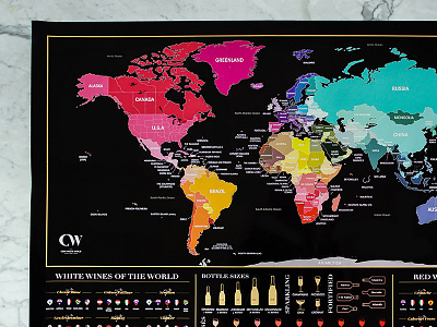 A printed scratch map prototype for a Cork Meets World project colour countries design foil font gold map poster print travel wine world