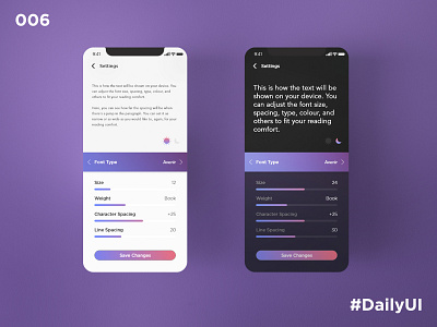 Daily UI 7 - Settings app dailyui dailyuichallenge design ebook design reader settings settings ui ui ux