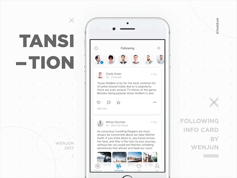 Following & info card animation app card concept find follow info social transition travel ui ux