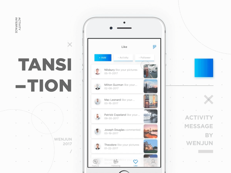 Activity activity animation app card clean concept find insiration social transition ui ux